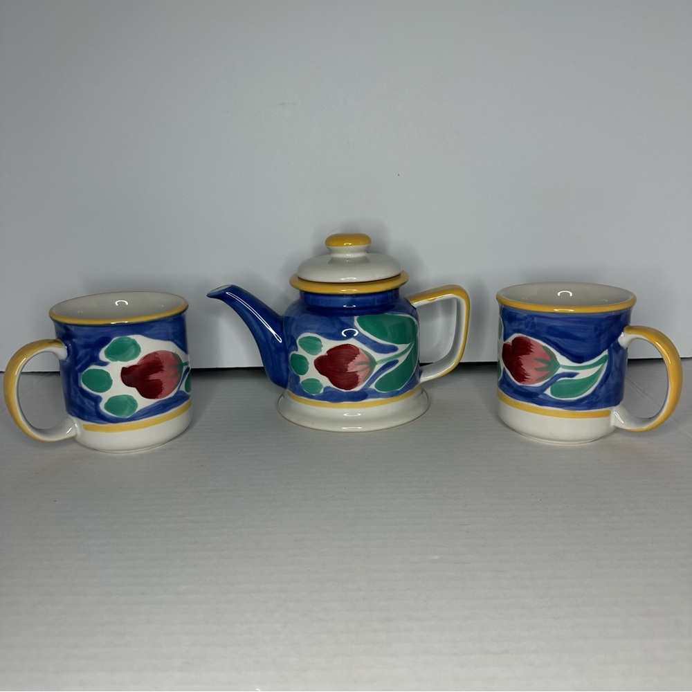 Hand-Painted Floral Teapot with Two Matching Mugs - Blue, Red, Green, Yellow